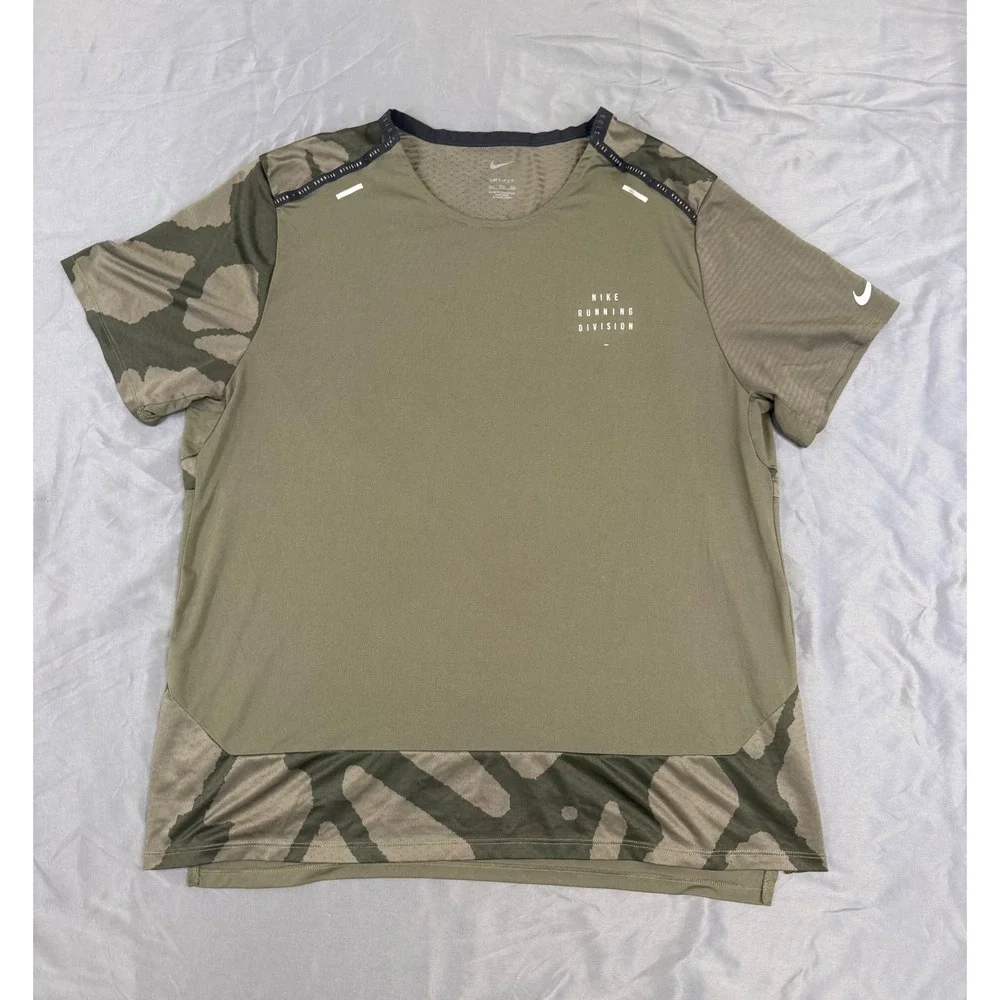 Nike Running Division Dri-FIT Shirt Mens XXL Olive Green Camo Graphic Athletic